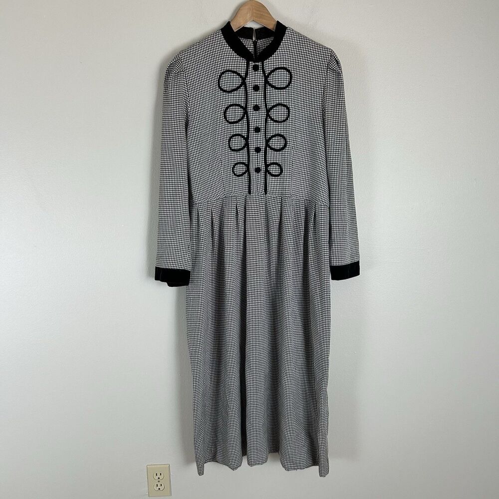 Miss Dorby Vintage Dress L Black Houndstooth Midi Cottagecore Prairie Velvet